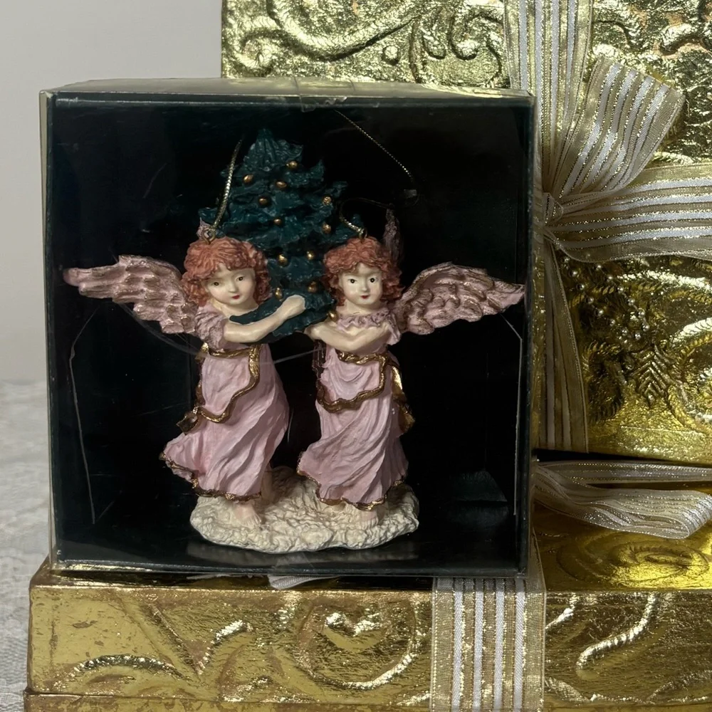 Vintage Christmas Tree Ornament Luxury Victorian Angels Pink Cream Gold Green